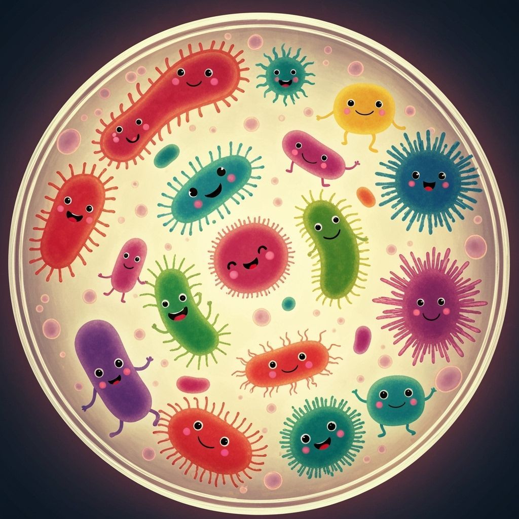 Whimsical Microbes Dancing in Bioluminescent Petri Dish