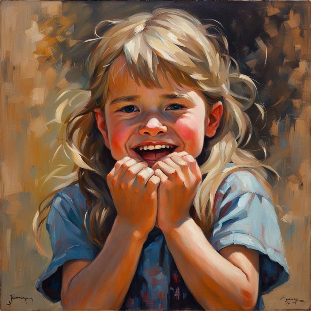 Shy Girl Hiding Laughter: Oil Painting