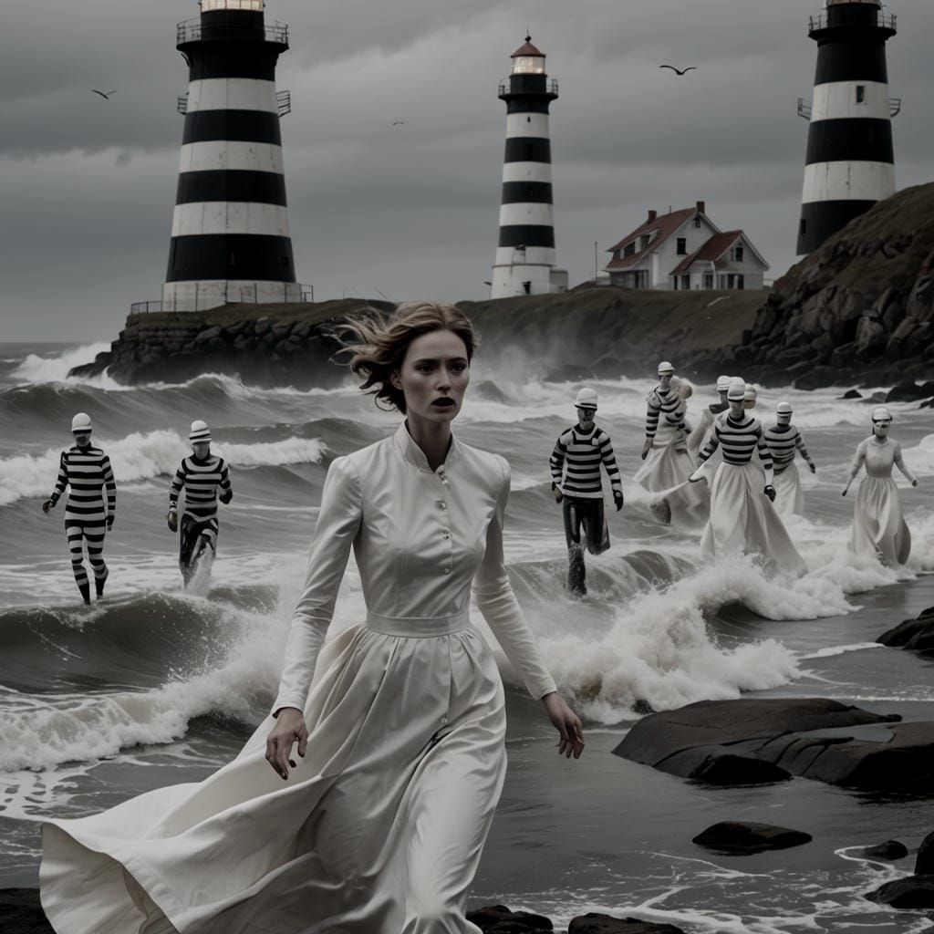 Bride Runs from Lighthouse in Desolate Landscape