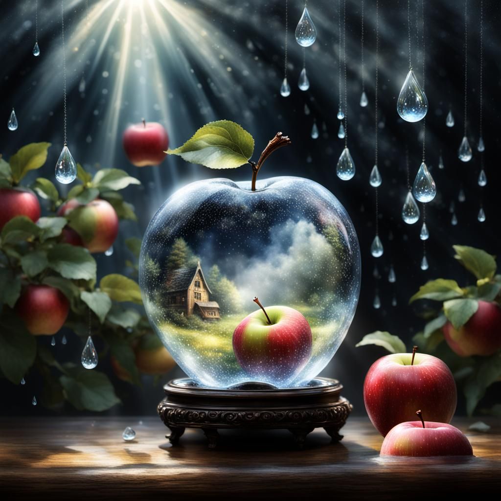 Ethereal Glass Apple with Mist and Teardrops