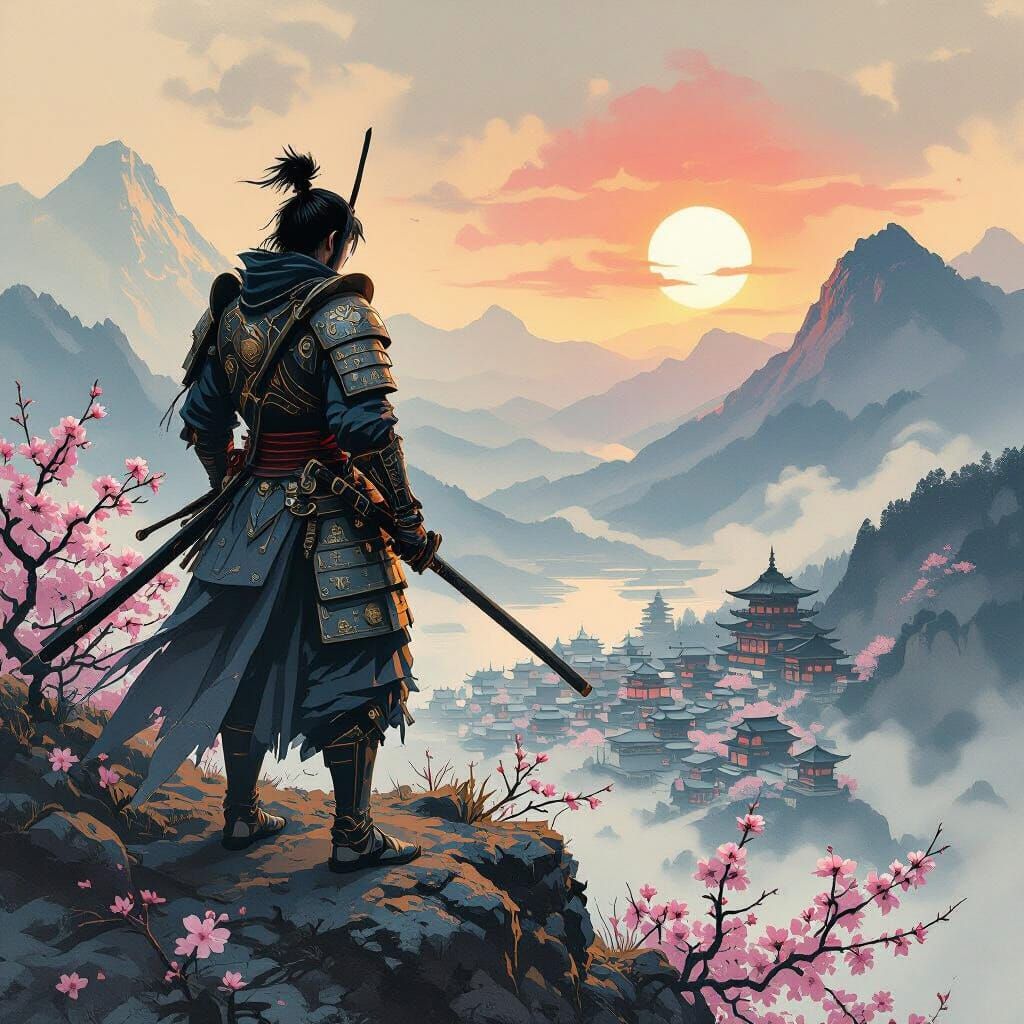 Samurai on Windswept Mountain with Cherry Blossoms