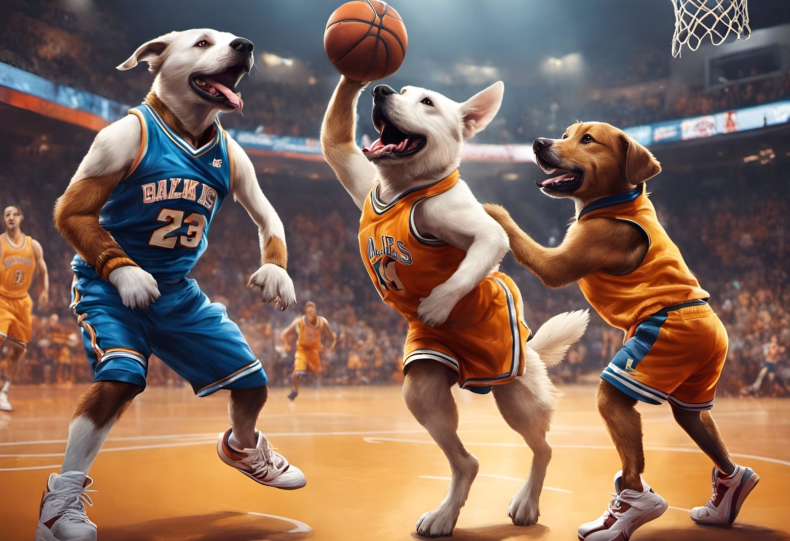 Anthropomorphic dogs in basketball uniforms playing basketball, the stands full of cheering fans, Hyperrealistic, splash...