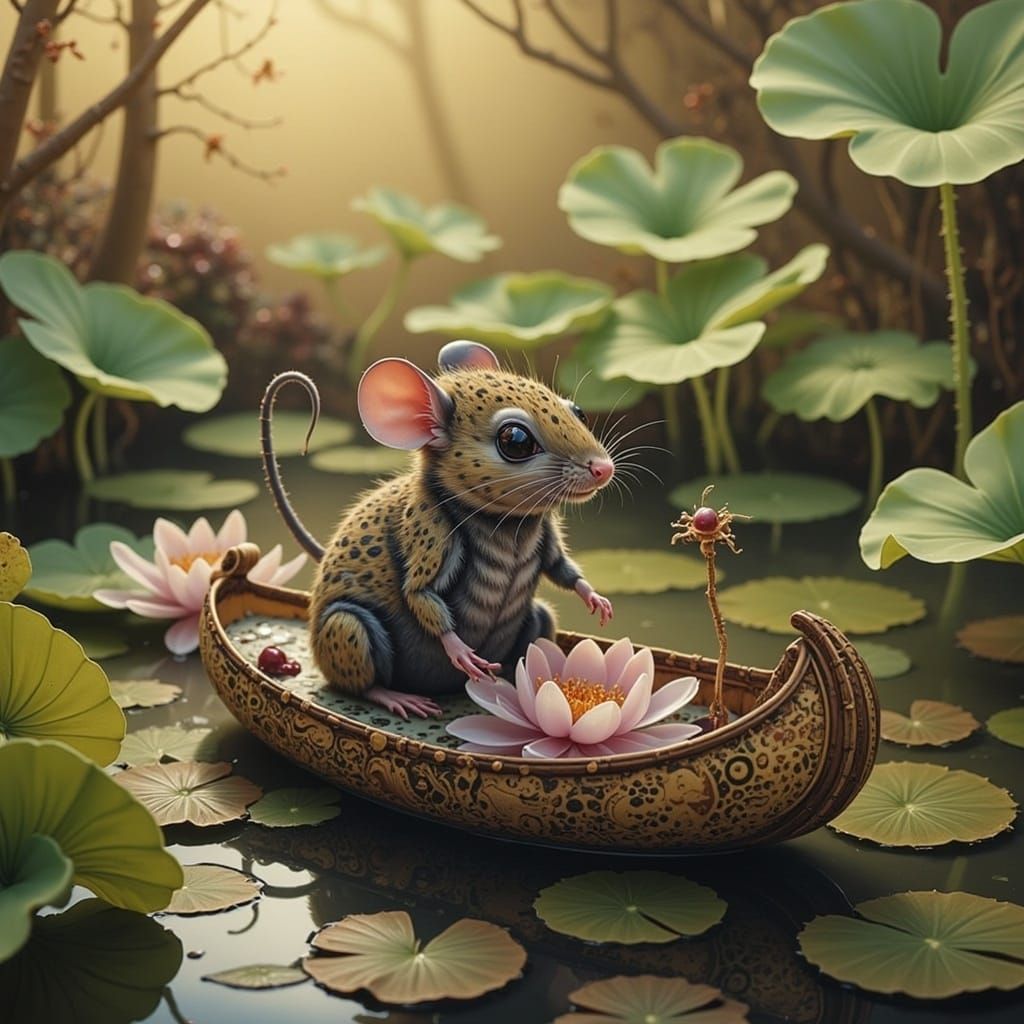 Mouse in Lily Pond Boat: Pixar Style Dreamscape