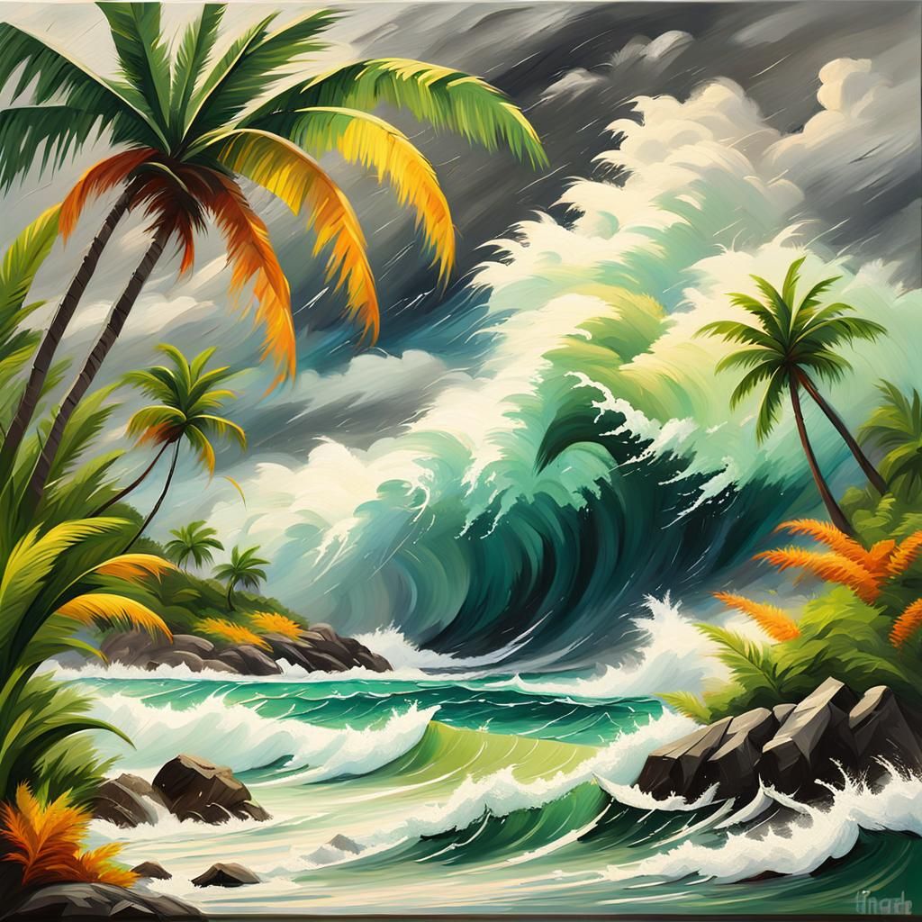 Tropical Storm Sweeping Island: Oil Painting
