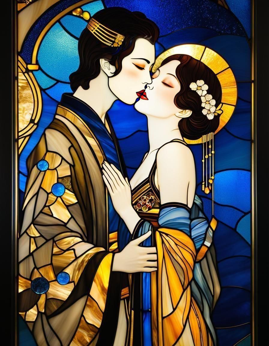 Stunning Stained Glass Kiss in Art Deco Style