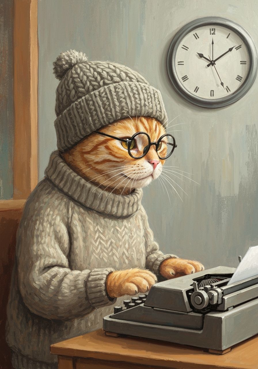 Hipster Cat Typing as Oil Painting