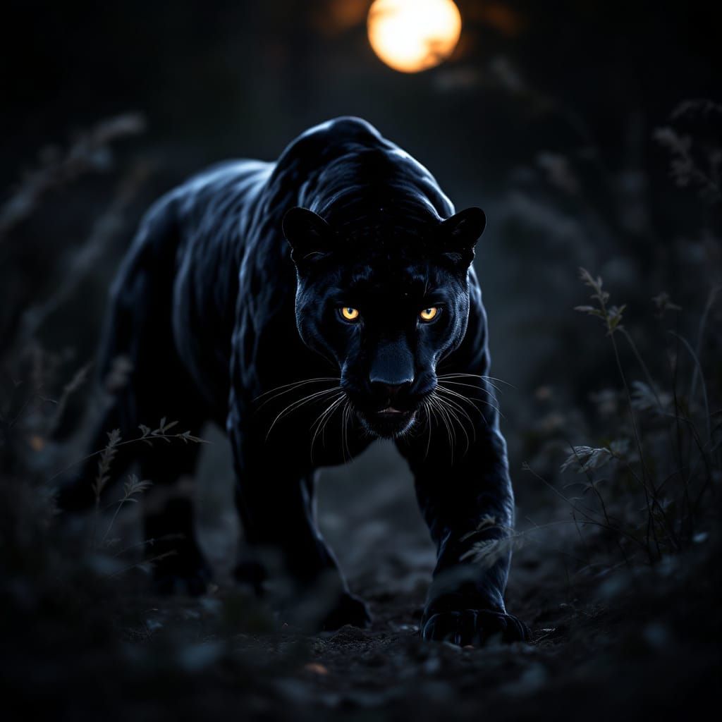 Sleek Black Panther in Moonlit Savanna