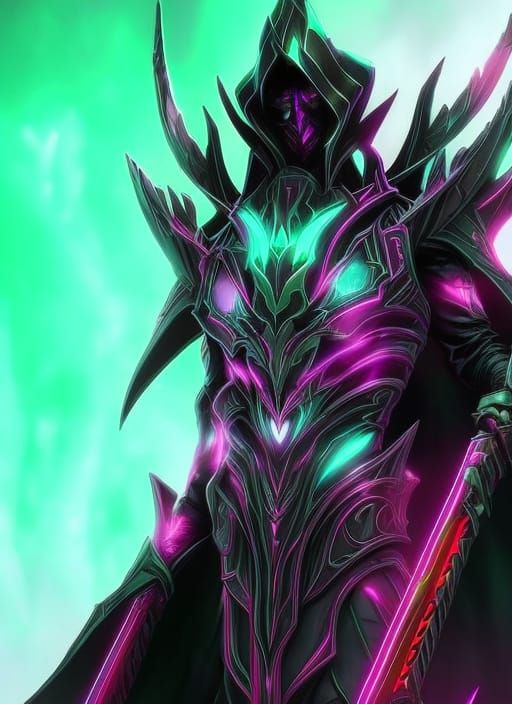 Cyberpunk Lich Assassin in Neon Cityscape