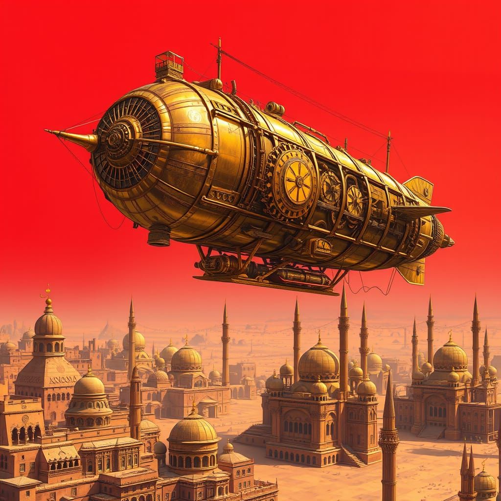 Steampunk Airship Over Desert City in Crimson Sky