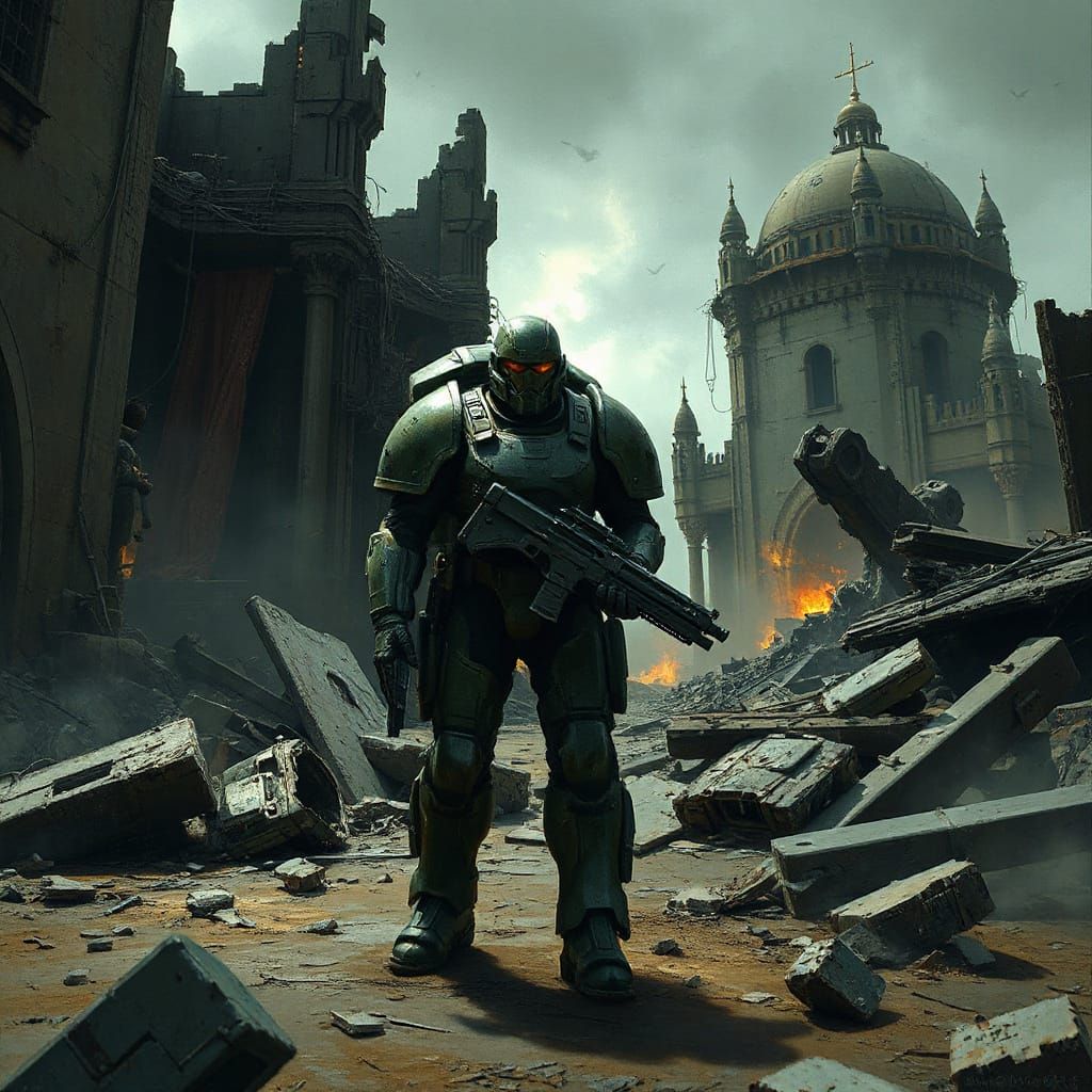 Grimdark Space Marine on Ruined Battlefield