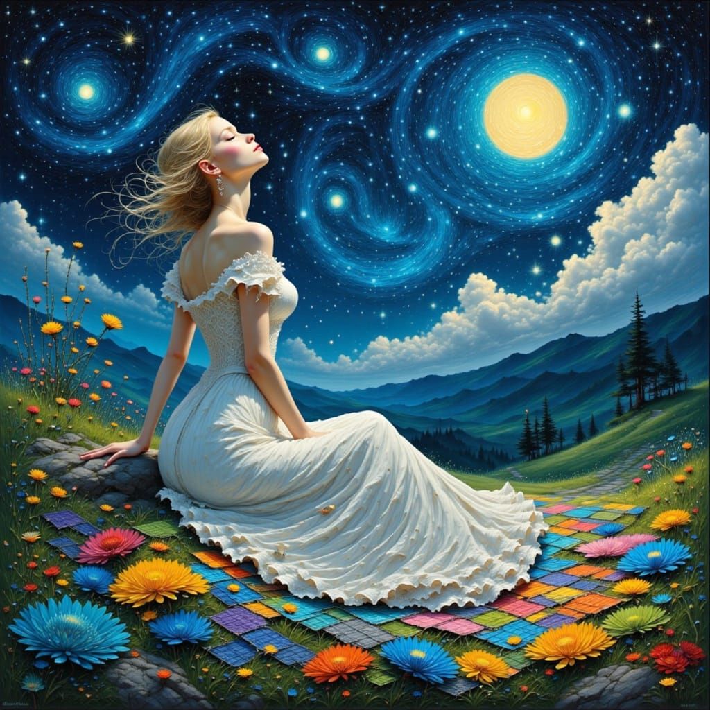 Woman Gazing at Starry Night Sky in Van Gogh Style