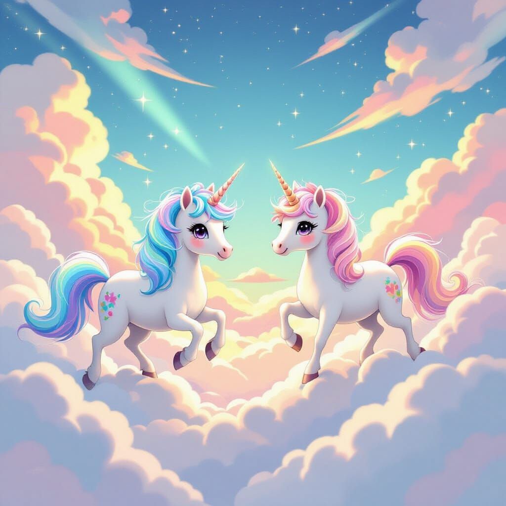 Two Kawaii Unicorns in Ethereal Cloud Kingdom