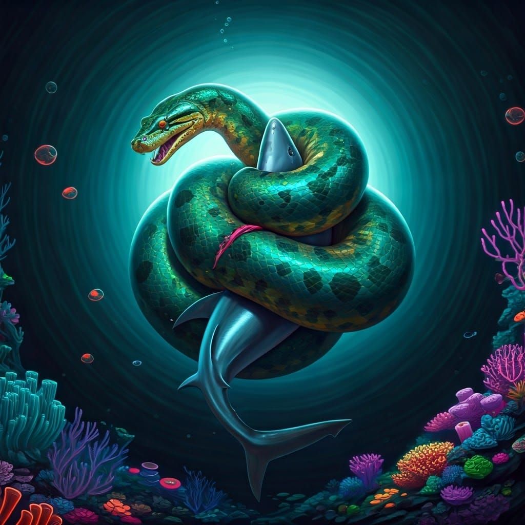 Anaconda Constricting Shark in Fluorescent Deep Sea