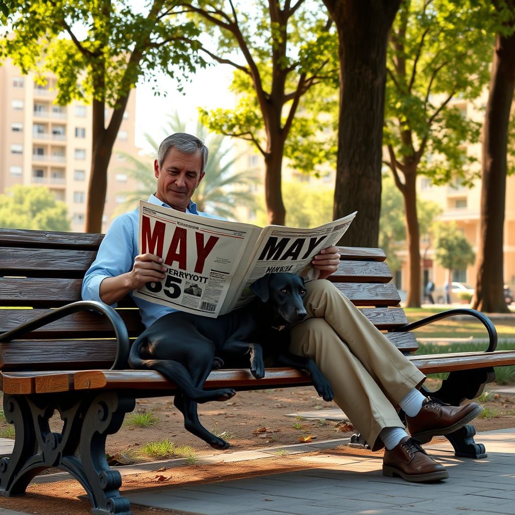 Serene Man Reads Newspaper on Park Bench with Loyal Dog