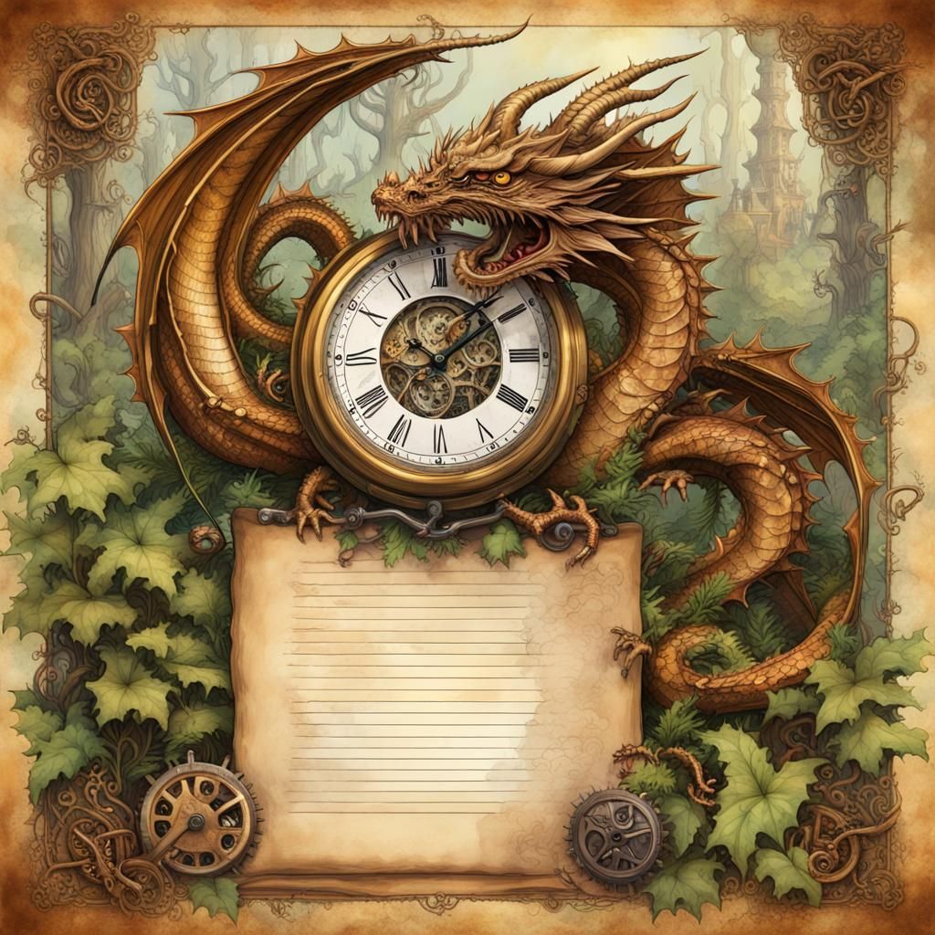 Steampunk Dragon and Forest with Musical Notes
