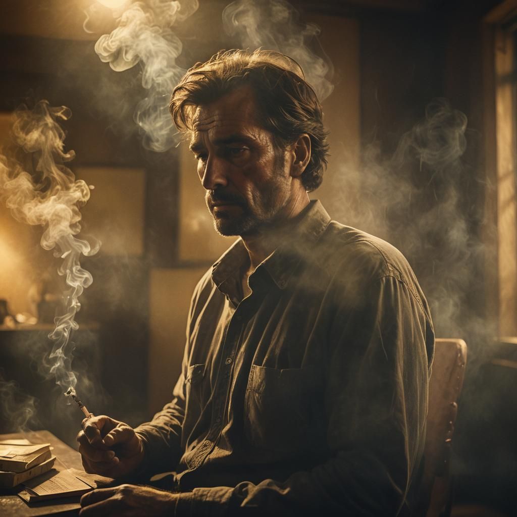 Contemplative Man Smoking in Moody Cinematic Lighting