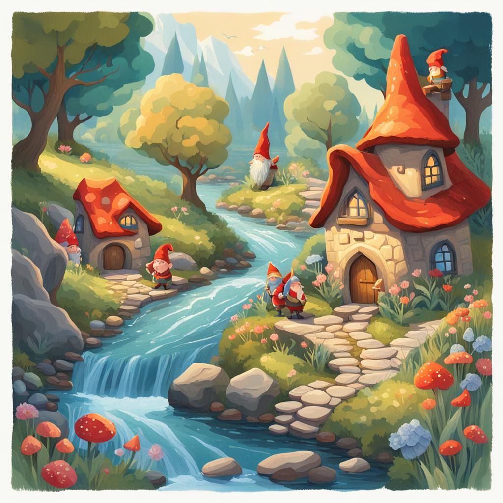 Idyllic Gnomish Village Landscape in Impressionist Style