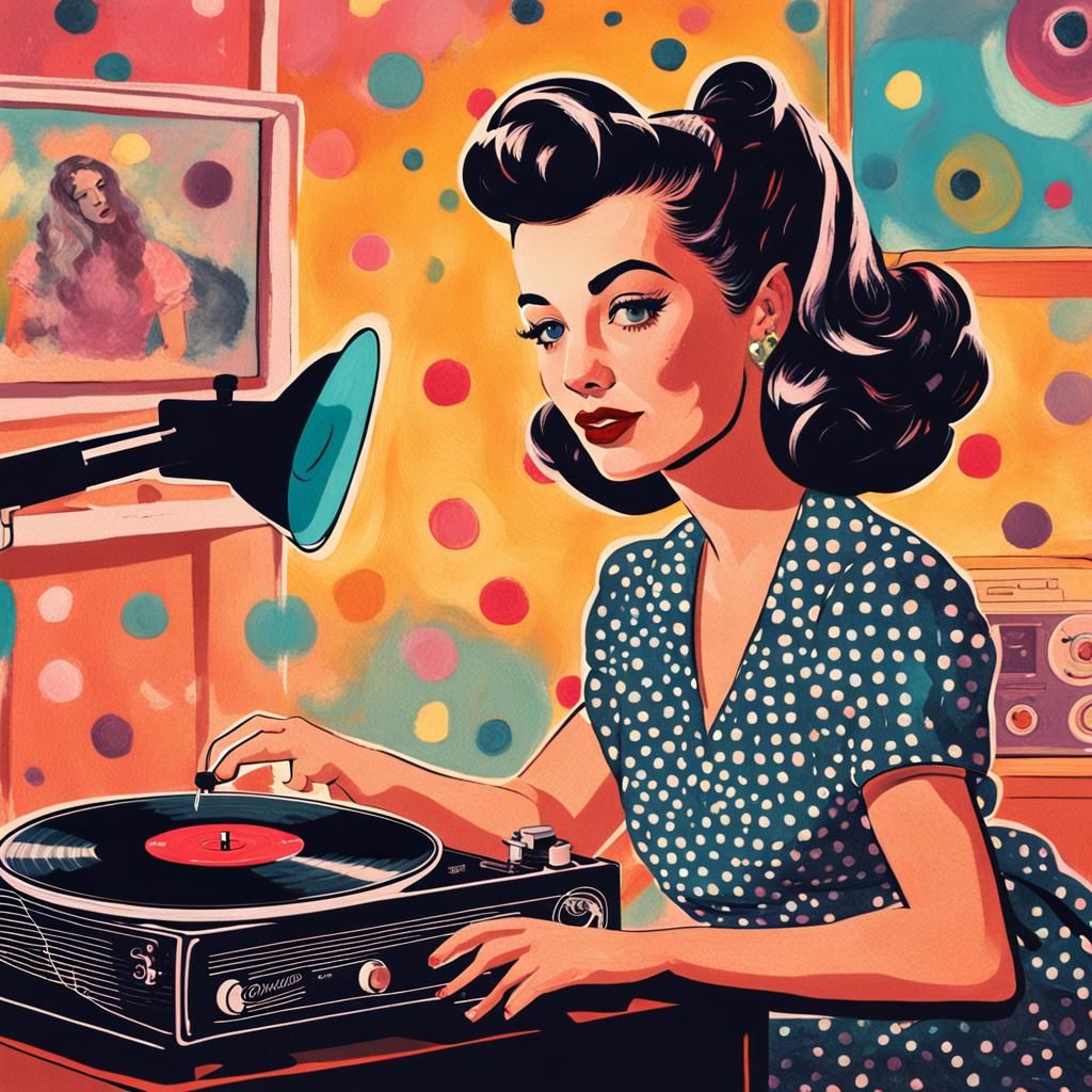 Rockabilly Girl in Cozy Bedroom, Dreamy Mixed Media