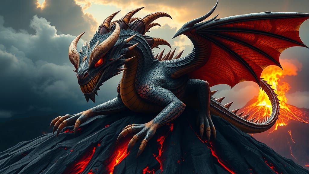 Majestic Bronze Dragon Unleashes Fury Amidst Volcanic Erupti...