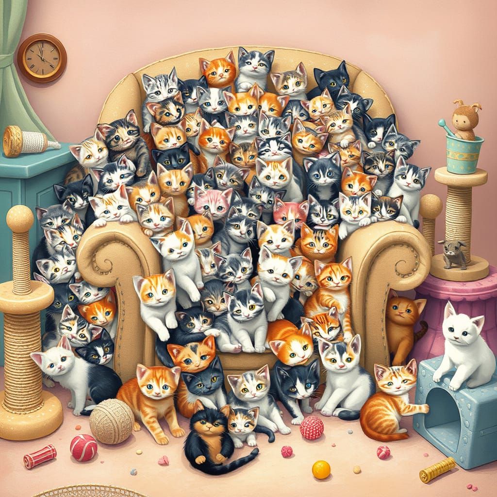 Whimsical Kittens Overflow from Cozy Armchair in Vibrant, Pl...