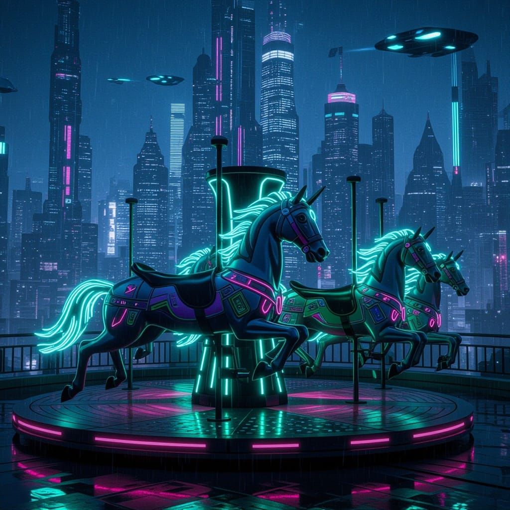 Cyberpunk Carousel with Metallic Horses in Futuristic City