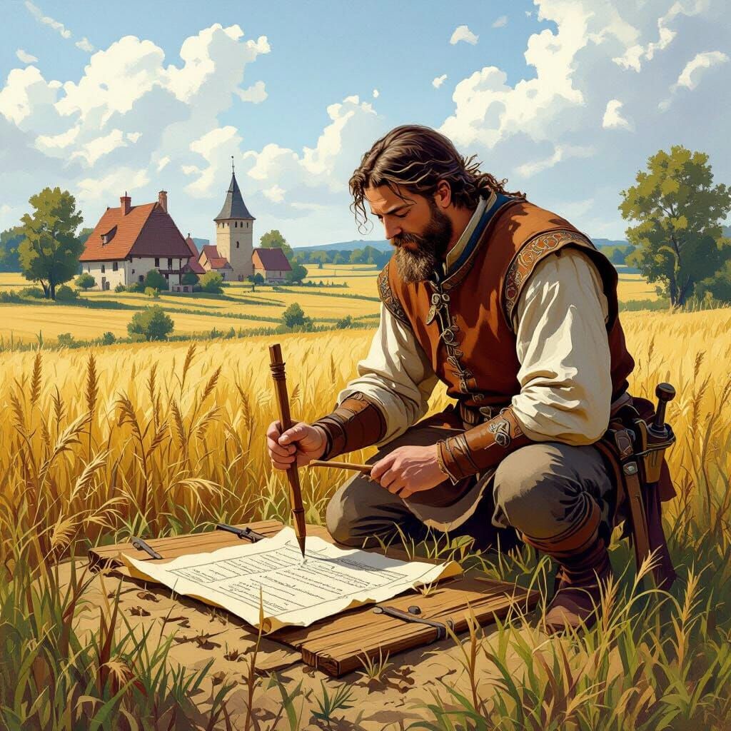 Medieval Polish Noble Measuring Land in Illuminated Manuscri...