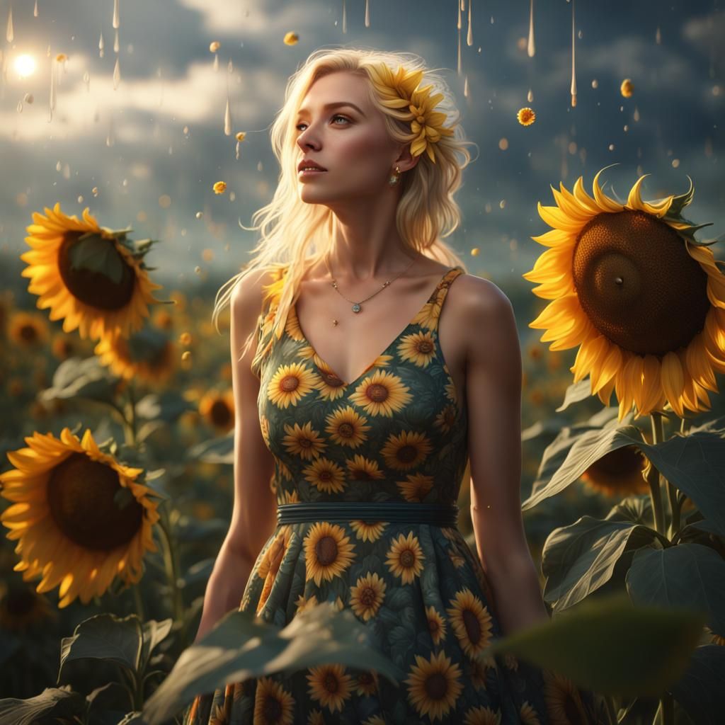 Woman Gazes at Sunflowers Rain in Sunny Sky
