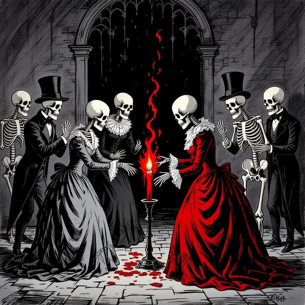 Skeletal Figures in Eerie Victorian Ritual, Darkly Whimsical...