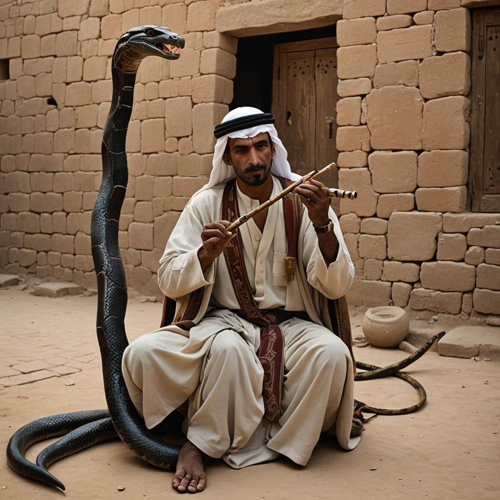 Cobra and Flute Player in Rural Village