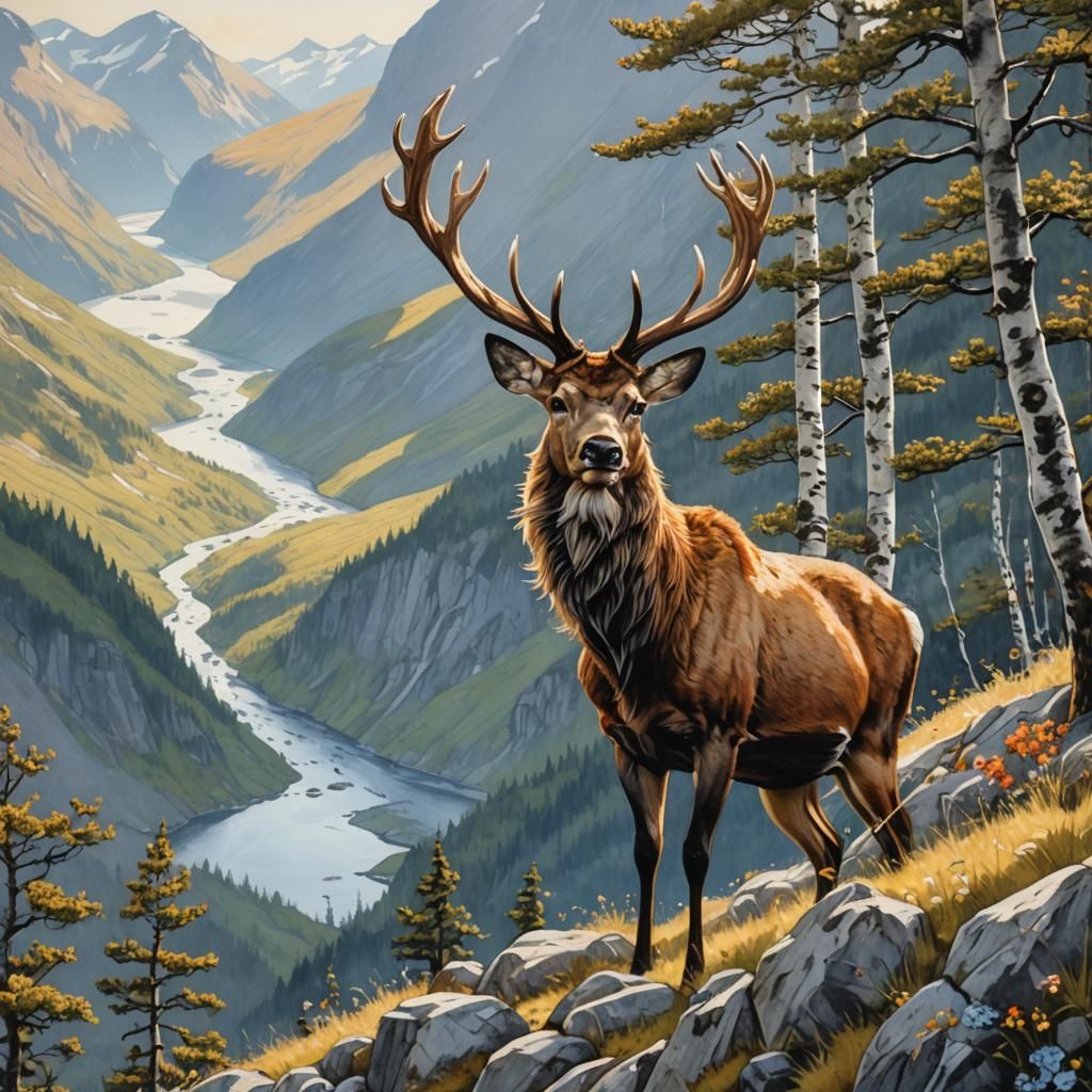 Stag Portrait in Norwegian Mountain Landscape