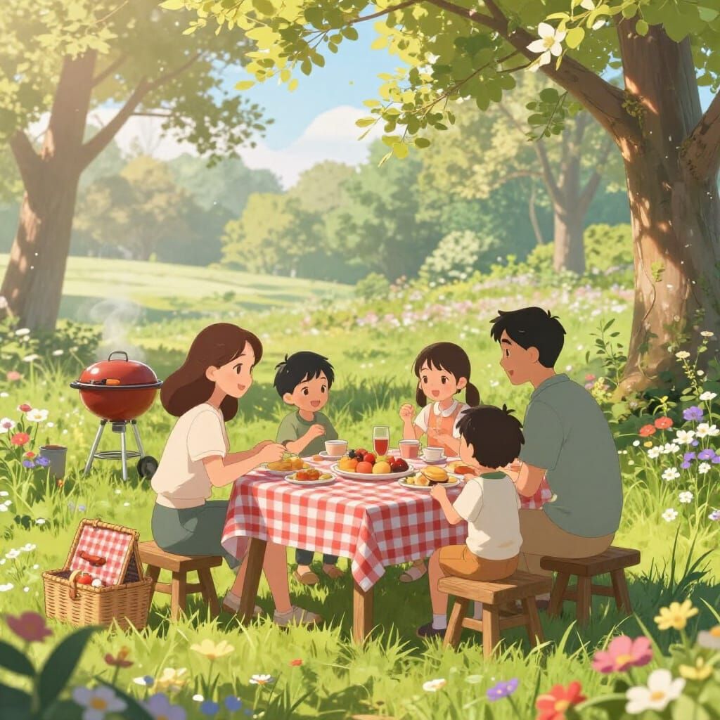 Joyful Family Picnic in Sunlit Nature