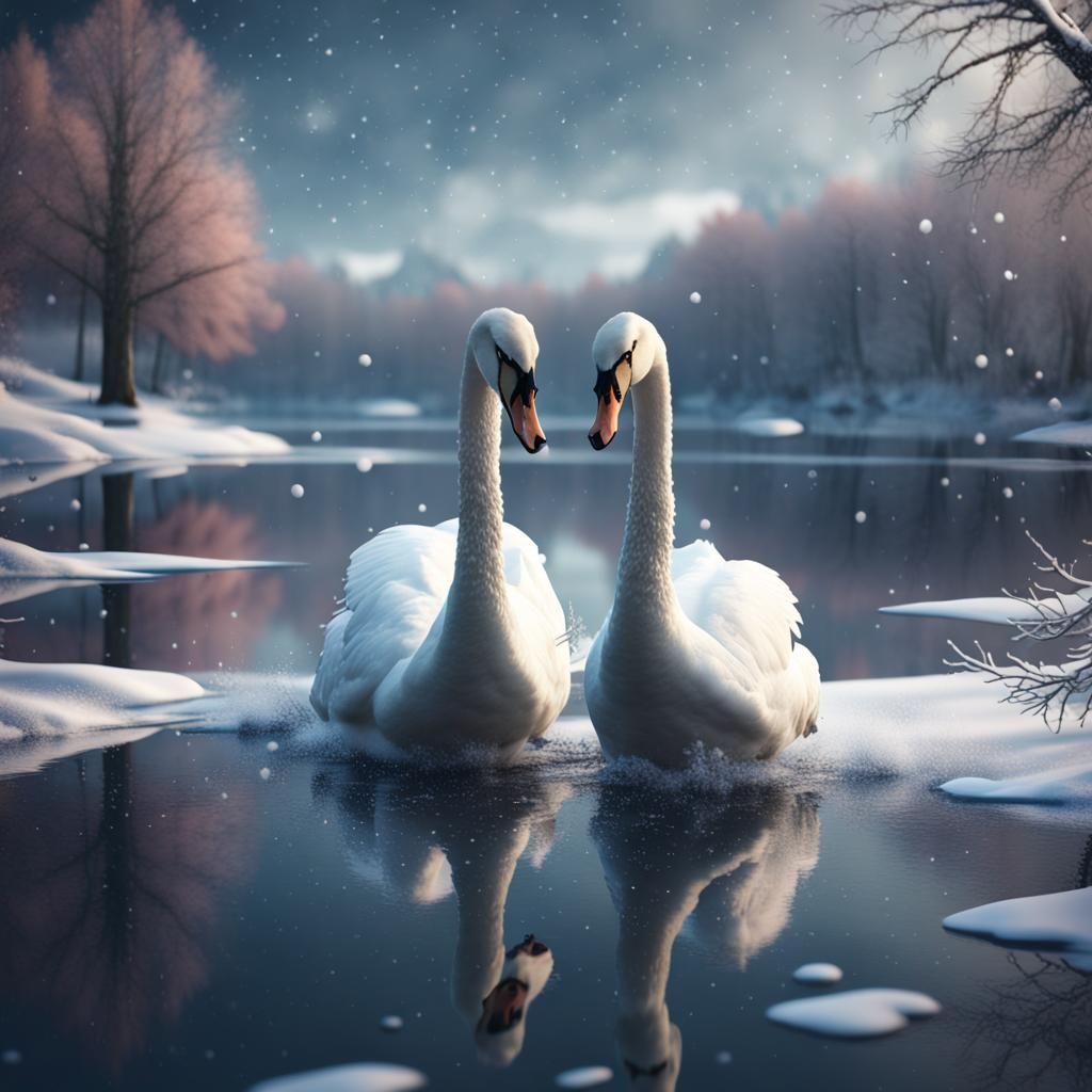 Winter Swans on Lake: Detailed Matte Painting