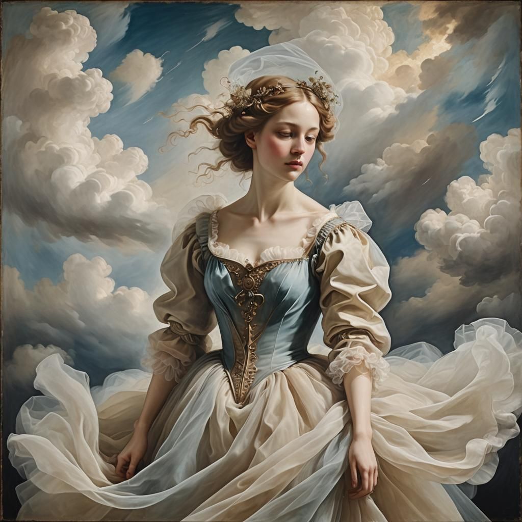 A delicate woman wearing clouds of tulle. renaissance painti...