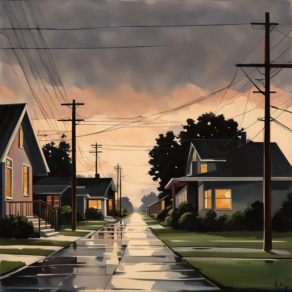 Mid-Century Ranch Houses at Dusk in Rain