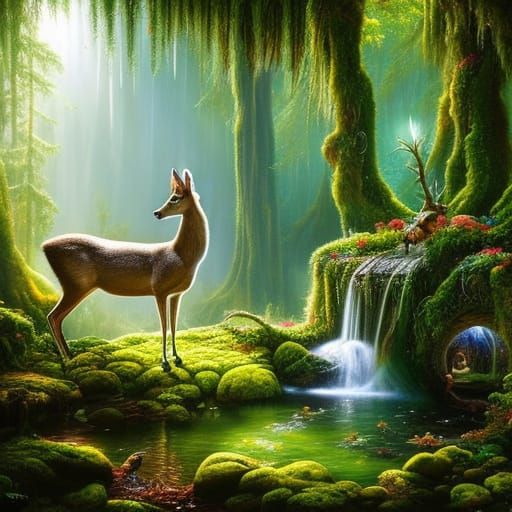 Silver Doe at Forest Well, Hyperrealistic Fantasy Art