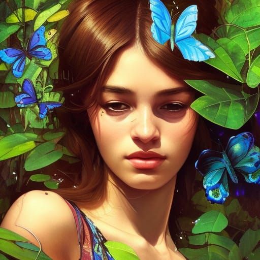 Latina Girl in Butterfly Jungle, Fauvism Portrait