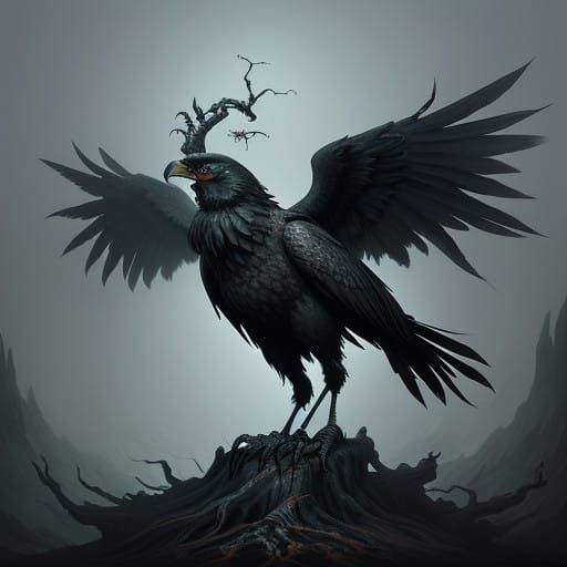 Dark Fantasy Crow Monster Rises Over Twisted Peaks