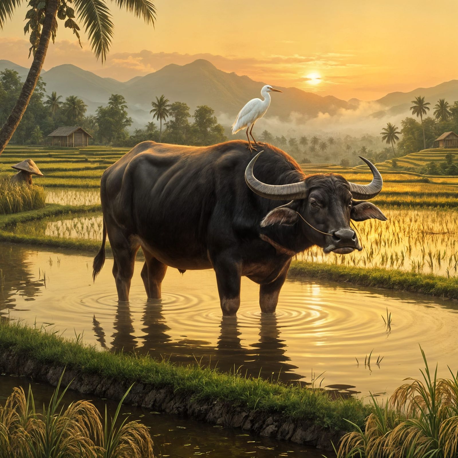 Buffalo and Egret in Golden Rice Paddies