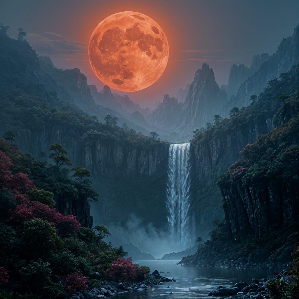 Majestic Moonrise Over Gorge Waterfall: Fantasy Concept Art