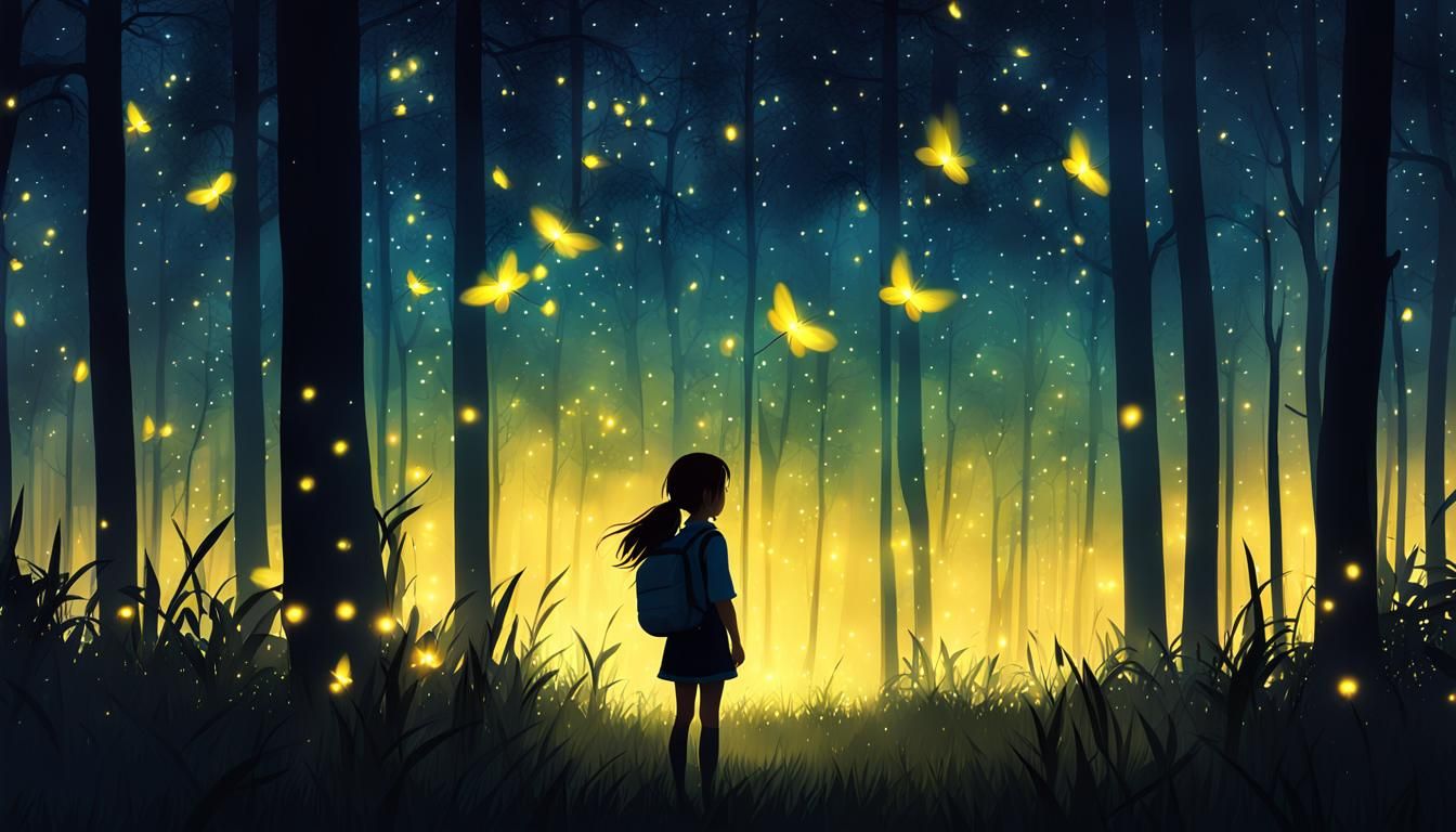 Luminous Girl Surrounded by Fireflies: Digital Matte Paintin...