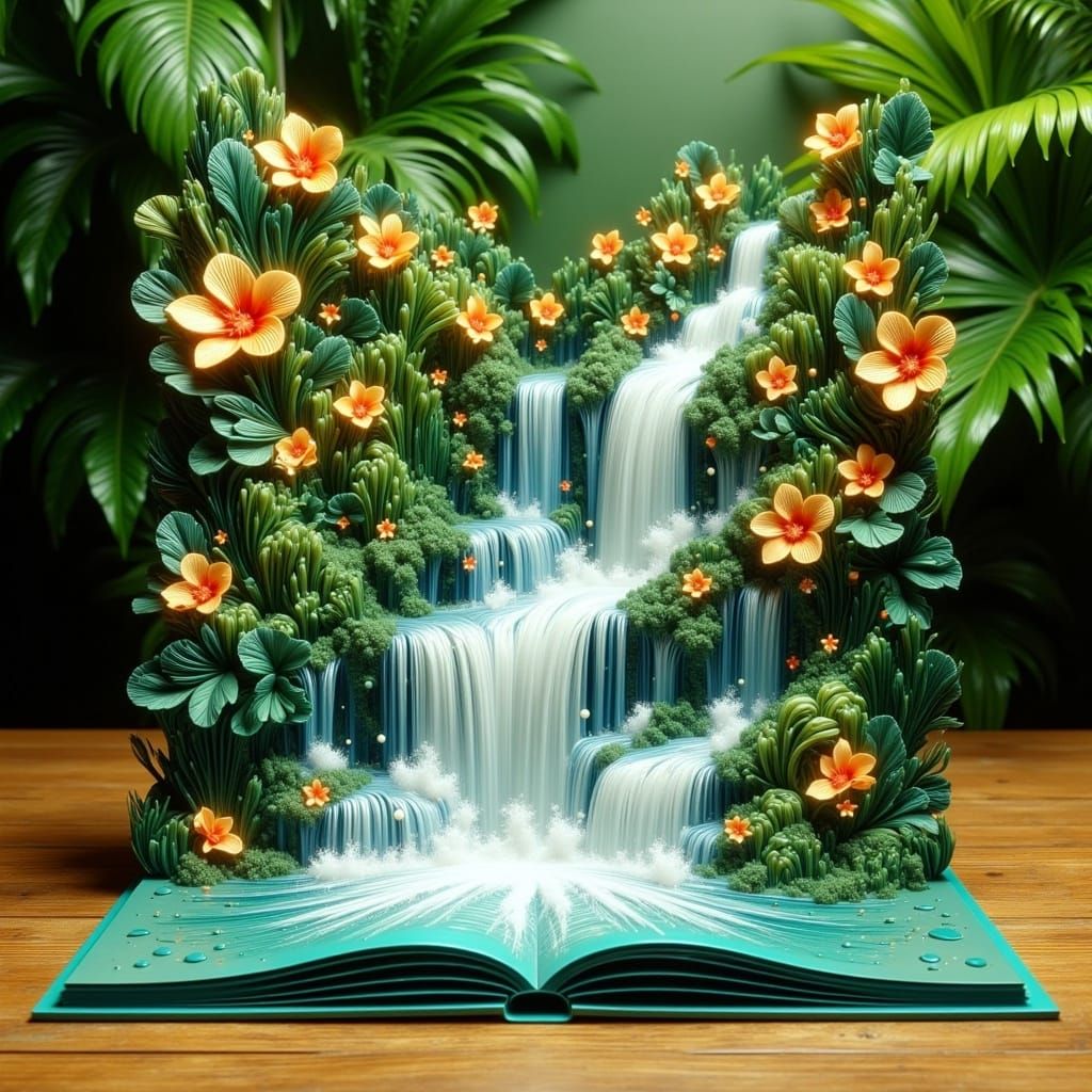 Whimsical Waterfall Pop-Up Book in Collage Style