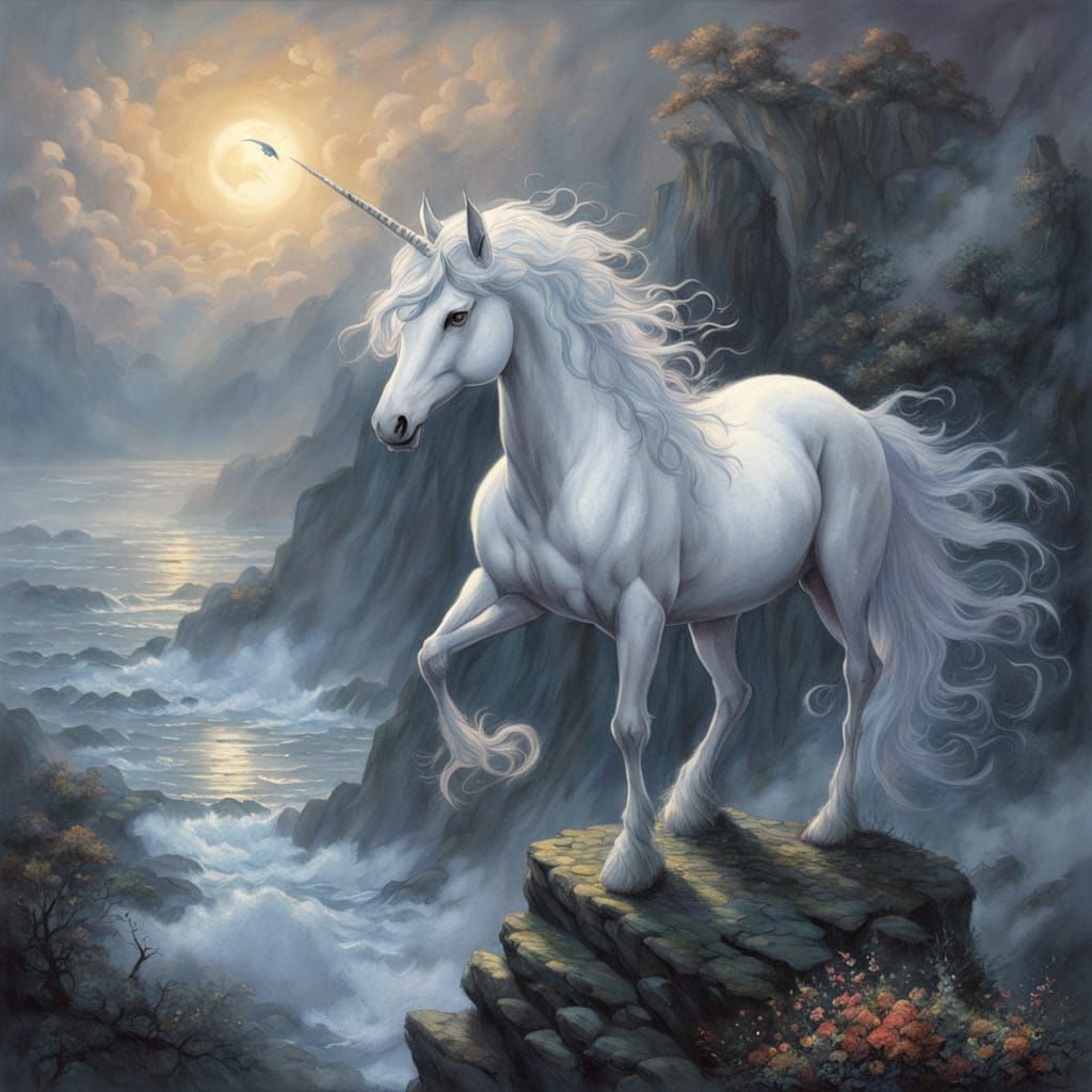 Ethereal White Unicorn on Cliff at Sunset