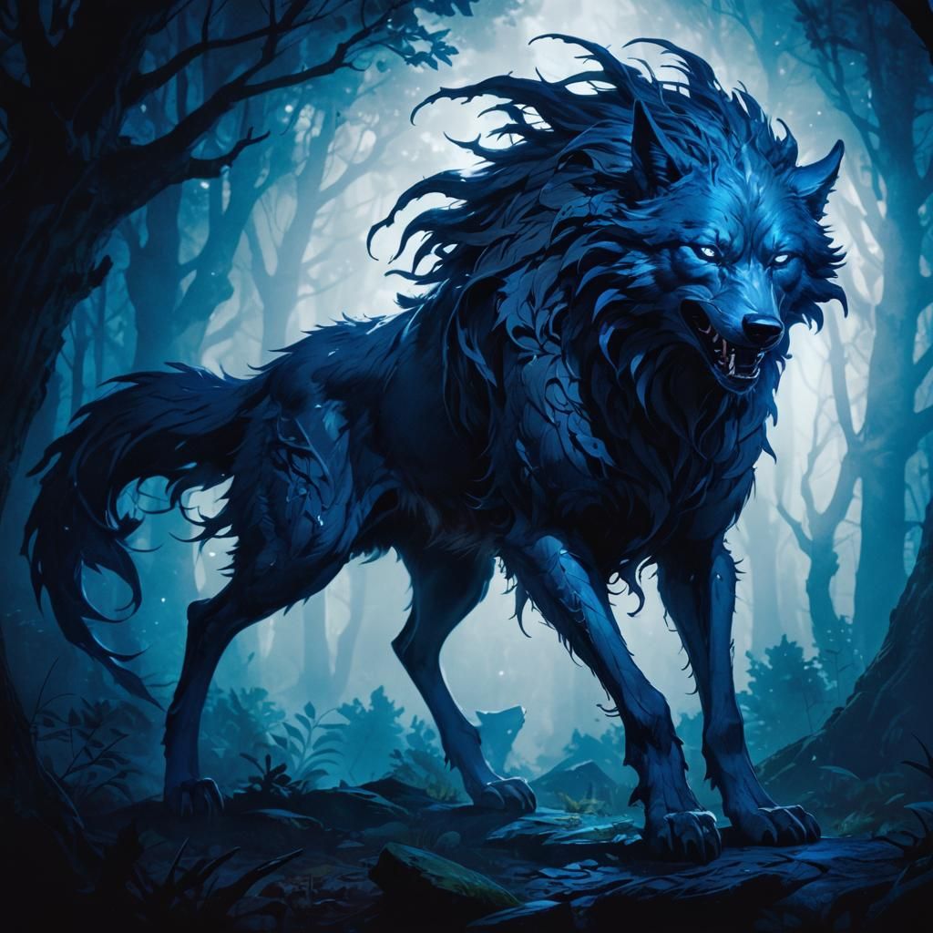 Dark Magical Wolf in Cursed Forest: Anime Concept Art