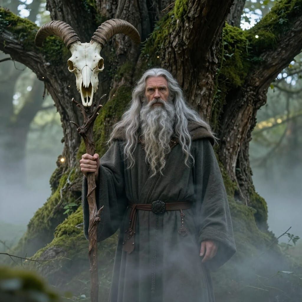 Wise Druid with Goat Skull Staff Behind Ancient Tree