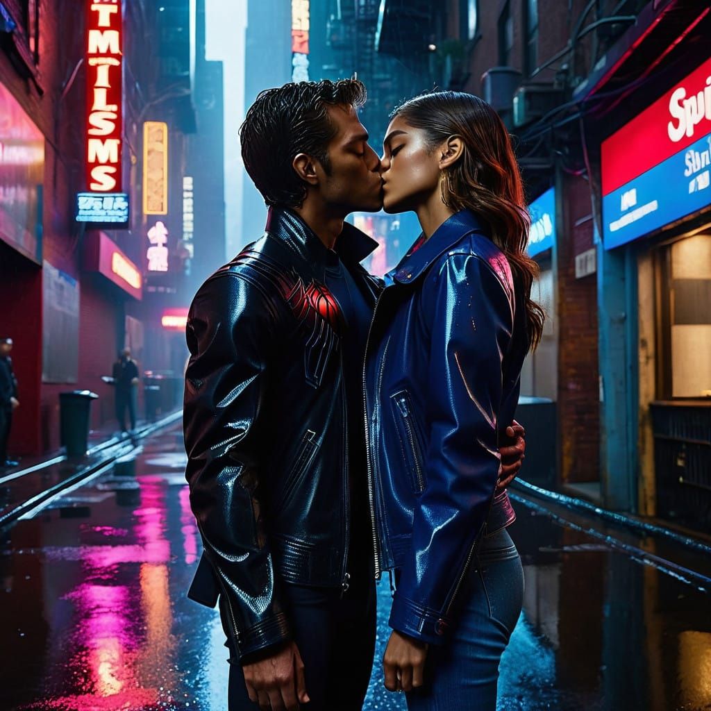Sleek Noir Portrait of Spiderman and Zendaya in Rainy City