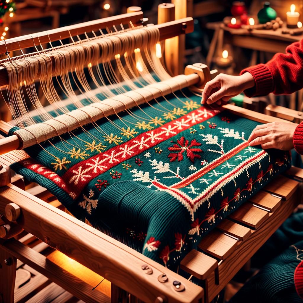Cozy Christmas Sweater Weaving on a Wooden Loom