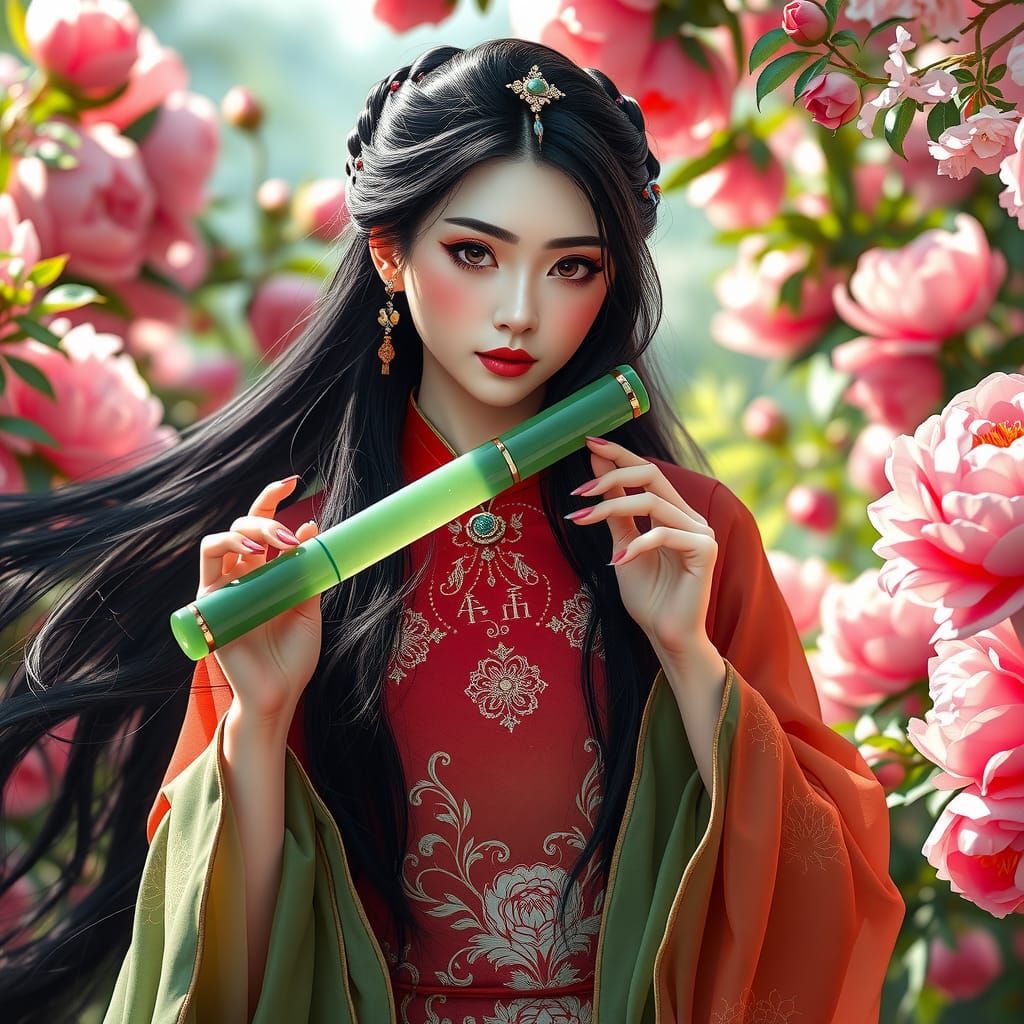 Chinese Woman with Jade Flute in Peony Garden