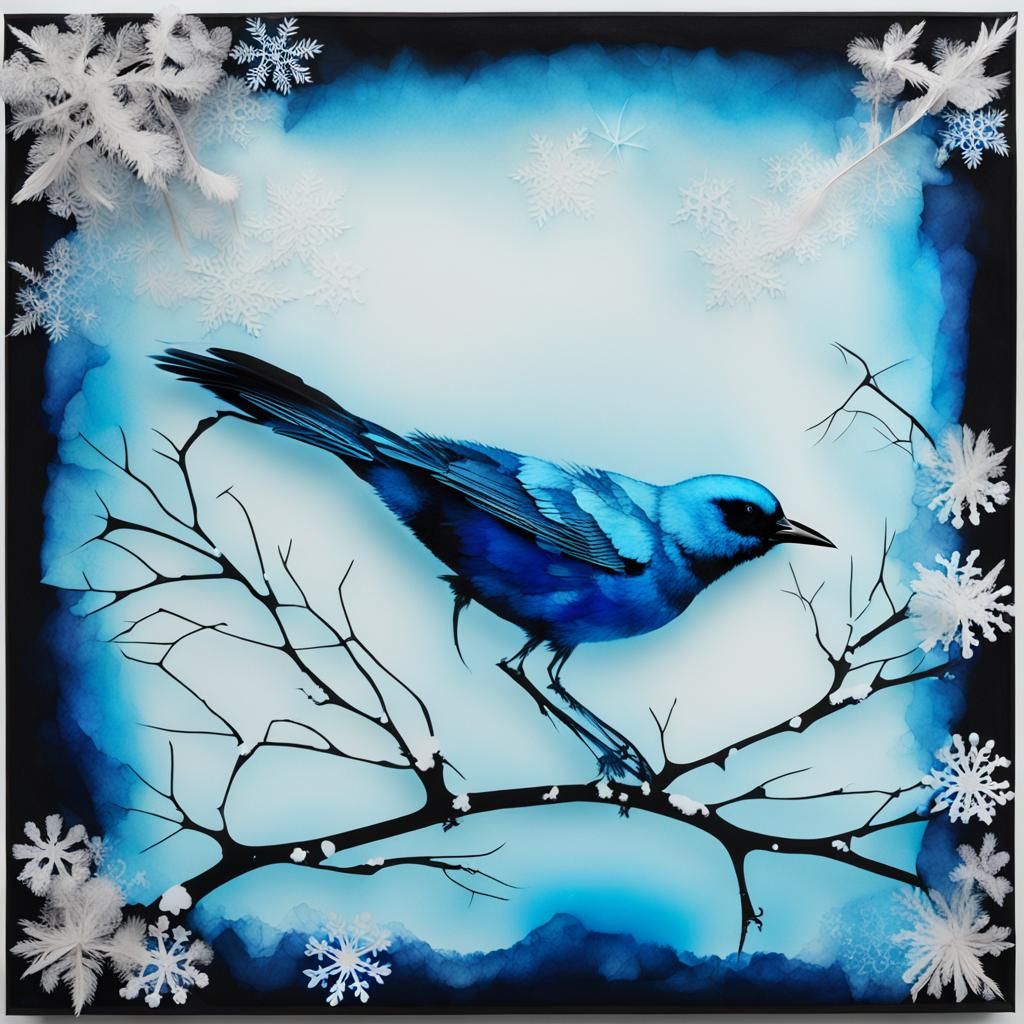 Cyan Monochrom Blue bird photogram, Mann Ray, feathers, flowers , skeleton tres, bare branches, snow flakes,alcohol inks