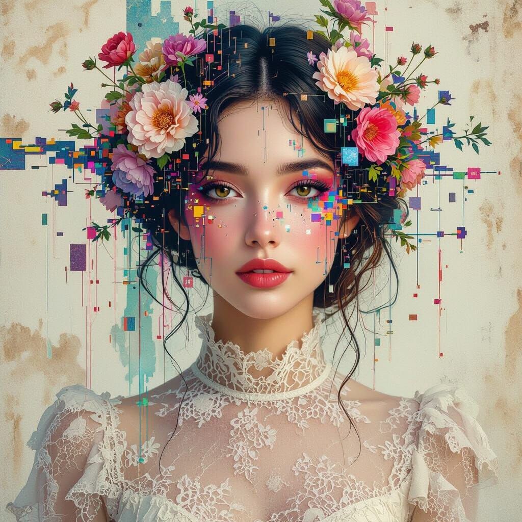 Woman With Flower Face and Glitch Art Elements