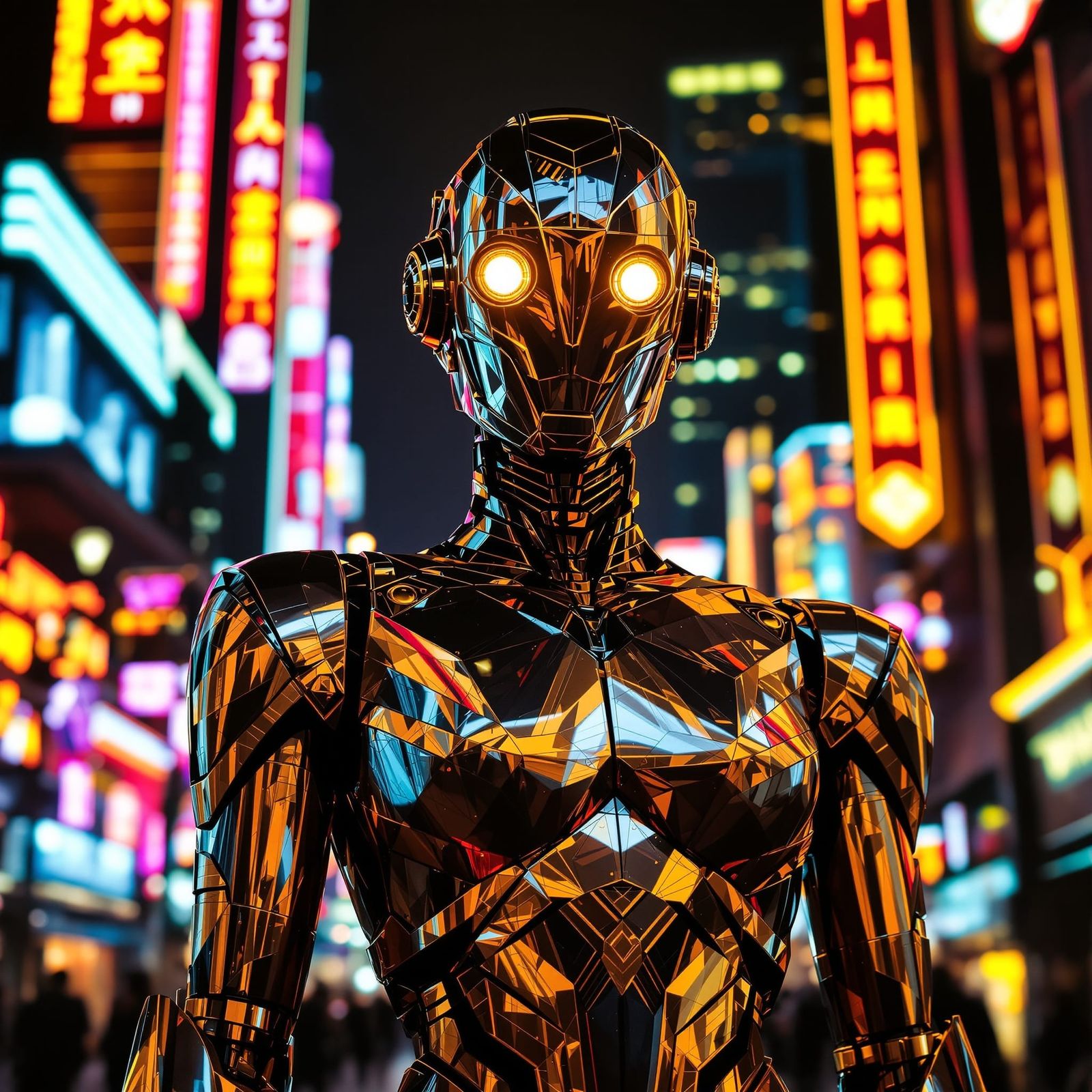 Art Deco Robot in Metropolis with Neon Lights